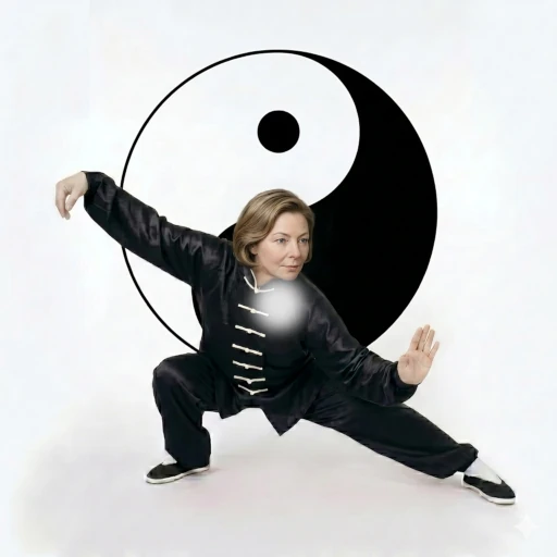 Dailingna frente al símbolo de Taijitu, o símbolo Yin-Yang, en una postura de Tai Ji conocida como La Serpiente Desciende
