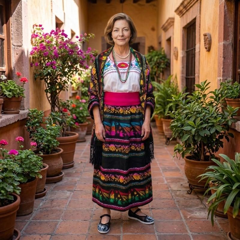 Dài Líng Nà dressed in the traditional Mexican indita outfit and traditional Chinese embroidered shoes (绣花鞋 - Xiùhuāxié) - a bridge between cultures.