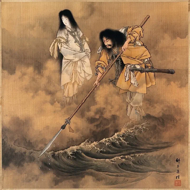 Las deidades Izanagi e Izanami, los padres de Amaterasu, en la creación del archipielago japonés. La imágen muestra al dios Izanagi creando las islas con la punta de su lanza.